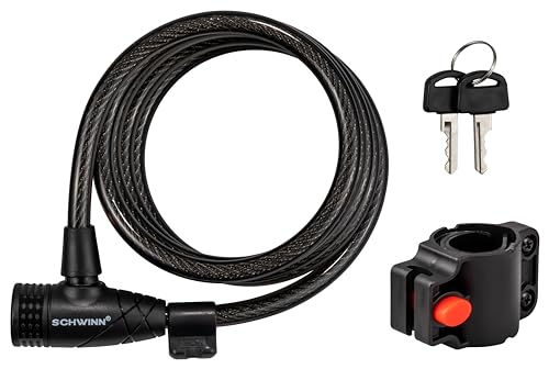 Schwinn Bike Cable Lock with Keys, 6 ft x 10 mm, Black, Braided Steel, Durable Vinyl Cover, Carrying Bracket for Storage and Transport, Anti Theft Protection, Bike Lock Cable for Security