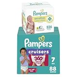 Diapers Size 7, 88 Count and Baby Wipes - Pampers Pull On Cruisers 360° Fit Baby Diapers with Stretchy Waistband, ONE MONTH SUPPLY with Sensitive Wipes, 6X Pop-Tops, 336 Count (Packaging May Vary)