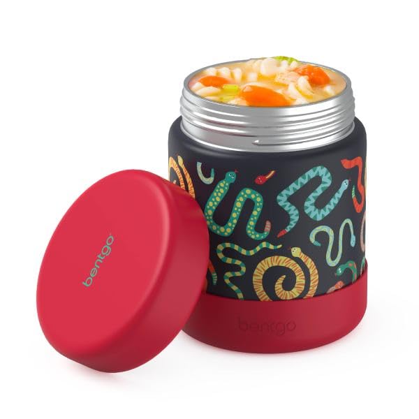 Image of Bentgo Kids Stainless Steel Leak-Proof Food Jar for Hot or Cold Food | 11 fl oz Double Insulated Container with Removable Silicone Bumper, Dishwasher Safe, Easy Open Lid, Ages 3+ (Sssnakes)