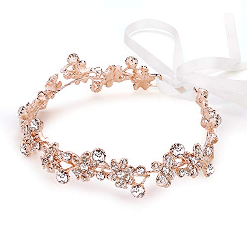 Ammei Bridal Headpiece Handmade Wedding Headbands for Wedding Party Crystal Floral with Lace Ribbon And Bobby Pins (Rose Gold)