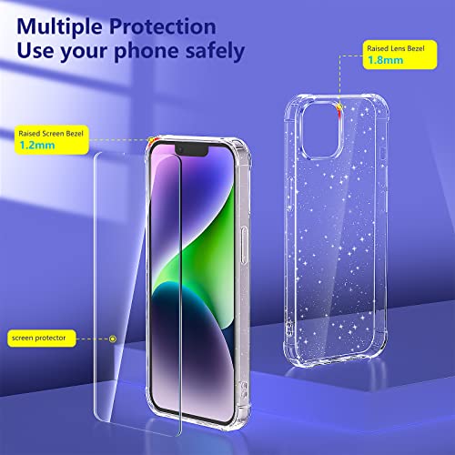 Kswous Glitter Clear Case For Iphone 14 Cases With Screen Protector[2 Pack] + Camera Lens Protector[2 Pack], Cute Sparkly Soft Protective Bling Case For Women Girls Sparkle Shockproof Cover, Glitter #TOP2