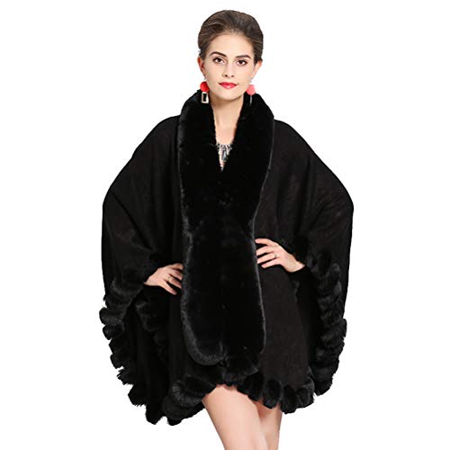 Fenghuavip Luxury Faux Fox Fur Shawl Wraps Loose Wedding Cloak Capes Gifts for Women Black