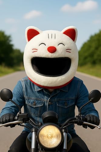 Image of Cute Cat Helmet Cover - Lucky Cat Plush Helmet Decoration | Ultra-Soft Furry White & Red Kitty Design for Motorcycle & Scooter Riders | Funny Cartoon Style Universal Fit Biker Gift