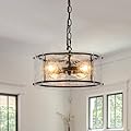 Kunlinzhu 11.8" Black Hanging Pendant Light Fixtures,3 Light Small Drum Glass Dining Room Light Fixtures Over Table with Chain,Chandelier for Foyer,Kitchen Island,Dining Room,Bedroom,Breakfast Nook