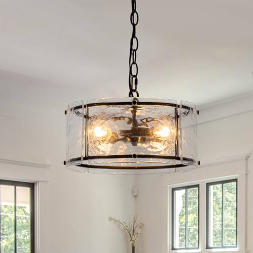 Kunlinzhu 11.8' Black Hanging Pendant Light Fixtures,3 Light Small Drum Glass Dining Room Light...