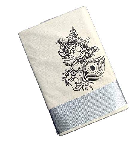 Jagasree collections Kerala kasavu cotton Krishnan flute printed sari