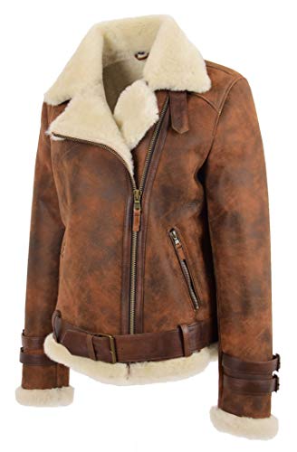 A1 FASHION GOODS Damen Echtes Schaffell Fliegende Jacke Antiquität Braun Shearling Fliegermantel Willow (XXL - EU 44)