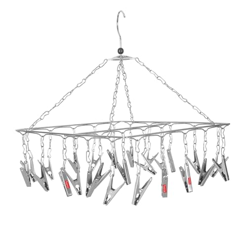 Image of HAZEL Stainless Steel Square Hanger with 25 Clips | Set of 10 | Space Saving Clothes Drying Rack for Socks, Baby Clothes & Undergarments