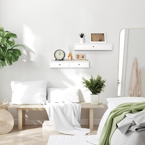 Image of Wood Floating Wall Mounted Drawers on a Floating Shelves with Drawers for Bedrooms, Living Rooms, and Displays Two Vintage Bedside Shelves (Pine) Wood (White)