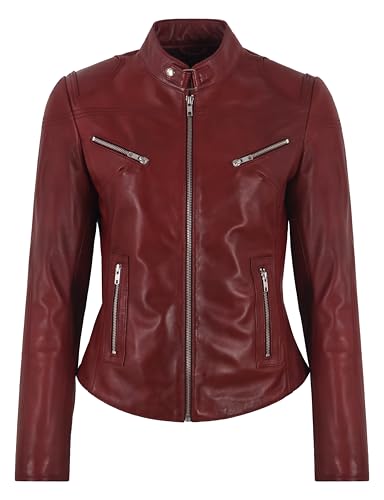 Veste courte bordeaux femme en cuir véritable style vintage motard