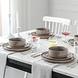 MALACASA Geschirrset 6 Personen, TARA 18-teiliges Modernes Steingut Geschirr Set - Schüssel- und Teller Set, Tafelservice Kombiservice mit je 6 Speiseteller, Dessertteller und Müslischalen - Braun