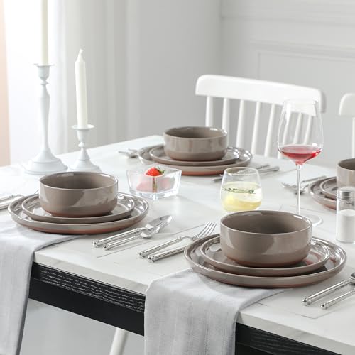 MALACASA Plates and Bowls Sets, 12 Pieces Modern Stoneware Dinnerware Set for 4 Kitchen Dinner Set Ceramic Dishware Dishes Set Microwave and Dishwasher Safe, Brown, Series TARA by MALACASA - Image 5