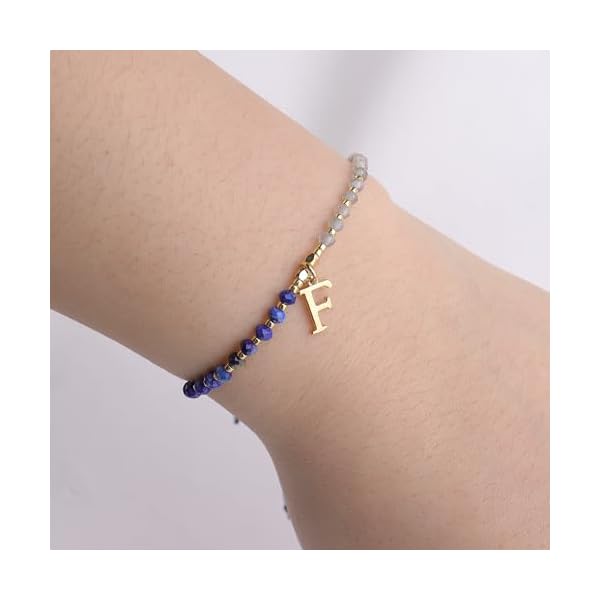 Gold Beaded Natural Stone Initial Bracelets for Women, Boho Handmade Blue Personalized Gemstone Beads Letter Name Adjustable Bracelet Summer Jewelry Gift - Image 3