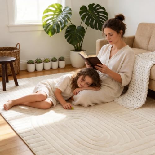 Image of 5x7 Solid Beige Area Rugs for Living Room, Geometric Washable Rug