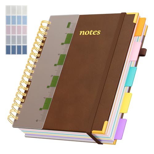 XYark Line Hardcover Spiral Notebook with Removable Dividers Tabs & Ruler, 5 Subject Notebook College Ruled, 300 Page, Large 8"x10" B5 Notebooks for Work School, Lined Journal for Women & Men, Brown