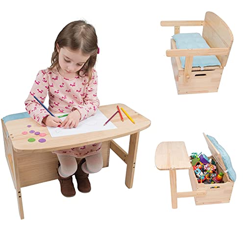 Super Brands Wooden Desk and Chair Set w/Toy Box Storage - Converts to Bench - Includes Blue Cushion 25 x 22 x 13 in