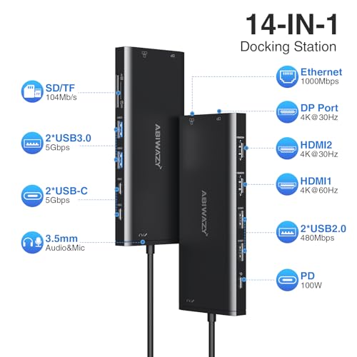 Image of USB C Docking Station 3 Monitors USBC Hub Laptop Dual Monitor Multiport Adapter Dock Dongle,USBC to 2 HDMI,4K DisplayPort,PD Charging,Ethernet,7 USB-C /A Ports,SD /TF,Audio for Dell /HP /Lenovo(Black)