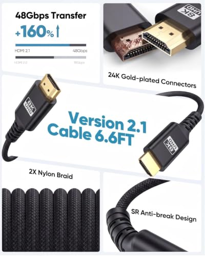 Image of 8K Short HDMI Cable Black 6.6FT, 48Gbps Ultra High Speed HDMI 2.1 Cable eARC Braided HDMI Cord with 8K@60Hz, 4K@120Hz, HDR10+, Dolby, 3D,HDCP2.3 for Laptop /Monitor /HDTV /Soundbar /Blu-ray /PS5 /Xbox