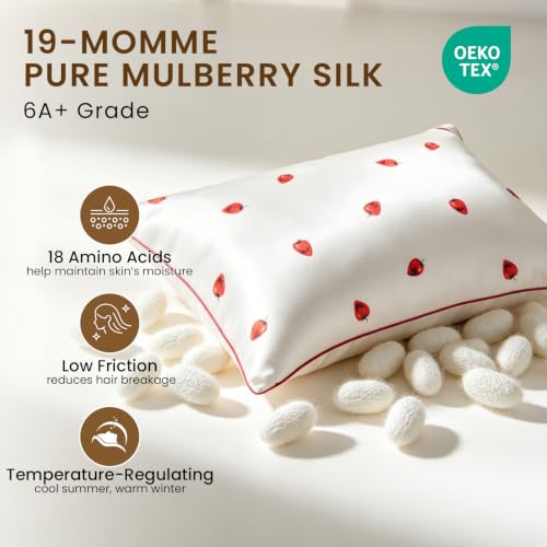 Image of THXSILK Set of 2 Natural Mulberry Silk Pillowcase Hypoallergenic Zipper Pillow Case - Grade 6A+ Mulberry Real Silk Pillowcase Organic Silk Pillow Cover (White Strawberry, Queen Size 20 inchx30 inch)
