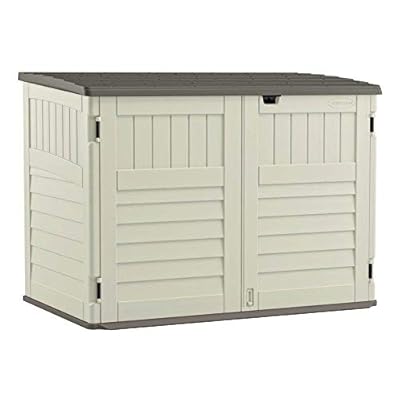 Suncast 5.9 ft. x 3.7 ft Horizontal Stow-Away Storage Shed - Natural Wood-like Outdoor Storage for Trash Cans and Yard Tools - All-Weather Resin, Hinged Lid, Reinforced Floor - Vanilla and Stoney