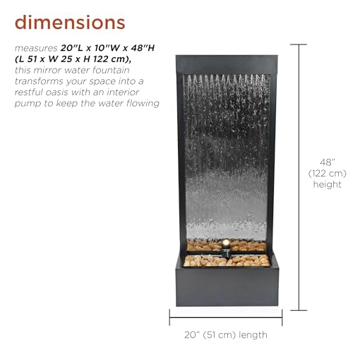 Image of Alpine Corporation - Mirror Waterfall Fountain with Stones & Lights - Zen Indoor /Outdoor Decor for Office, Living Room, Patio, Entryway - 48 Inches (Silver)