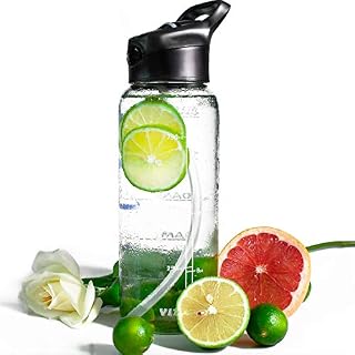 32 OZ Glass Water Bottle with Straw,Motivational Water Bottle with Time Marker,1 Liter