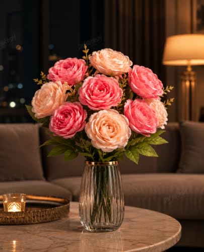 Image of Divyakosh Artificial Flower for Vase (10 Peony Flower Heads), Artificial Flowers Bunch (Vase Not Included), Luxury Floral Centerpiece for Living Room Dining Table Office Decor