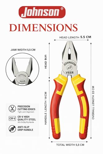 Image of Johnson Heavy Duty Rust Proof Plier Insulated Combination Pliers 8-Inch with Anti-Slip Grip, Wire Cutter & Gripper, Forged Chrome Vanadium Steel for Electricians & Home Repair