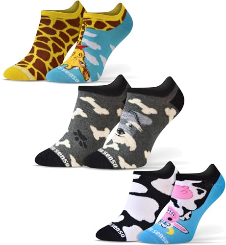 Sesto Senso Lustige Bunte Kurze Socken 3 Pack Süße Sneakersocken Baumwolle Hund Kuh Giraffe 39-42 3 Tiere