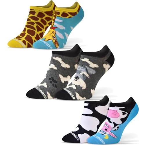 Sesto Senso Lustige Sneaker Socken Baumwolle Bunte Füßlinge Damen Herren 1-3 Paar Funny Socks Hund Kuh Giraffe 39-42 3 Tiere