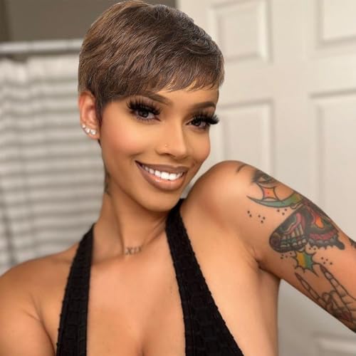 Pixie Cut Wig Chocolate Brown Short Straight Wigs with Bangs for Black Women - Full Machine Made Glueless Wigs (4#)