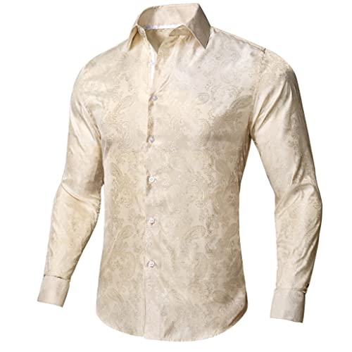 Ivory Champagne Paisley Silk Men's Shirtlong Sleeve Casual Shirts for Men Jacquard Male Business Party Wedding Dress2