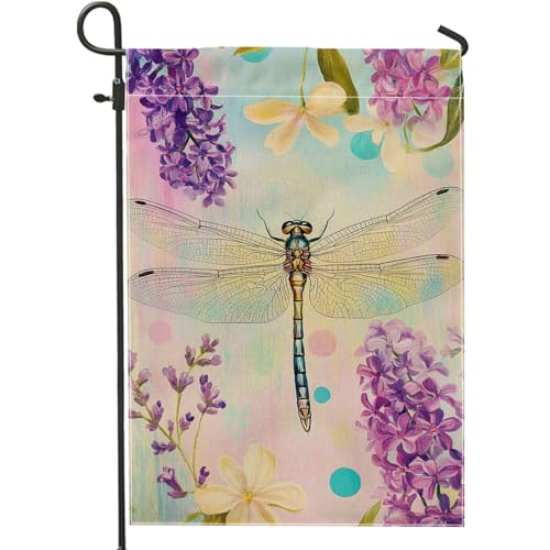 Bandiera da giardino floreale con libellula primaverile ed estate, bandiera colorata viola lilla fiori decorazione per esterni, bandiera da giardino su entrambi i lati per la decorazione della casa
