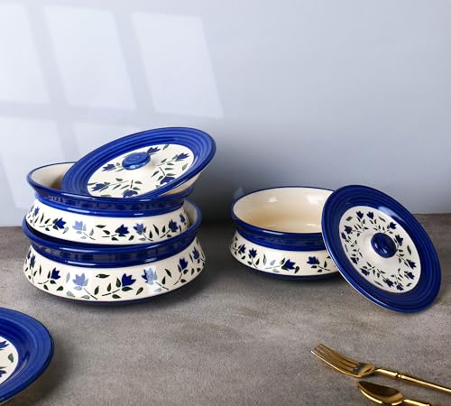 Image of Niyara Premium Ceramic Casserole /Donga Set with Lids - Handcrafted Serving Bowls for Hot Food, Microwave & Dishwasher Safe - Set of 3, Sizes: 1000ML, 650ML, 550ML (Blue leaf design)