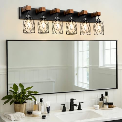 Image of IZORRO Farmhouse Bathroom Vanity Light, 6-Light Wood Bathroom Light Fixtures Over Mirror, Black Industrial Vanity Lights with Metal Shade, Rustic Restroom Lighting Fixtures