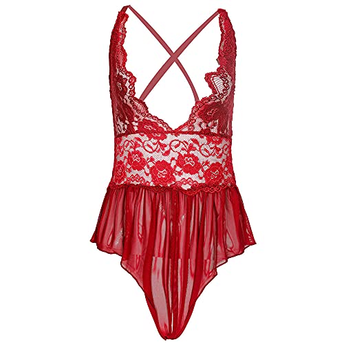 Lingerie sexy pour femme avec col en V en dentelle, Rouge, Taille L Cover