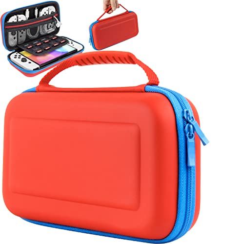 Estuche de Viaje portátil Resistente Marca Orzly Compatible con Nintendo Switch OLED y Switch Original Color Rojo/Azul neón con múltiple almacenaje para Juegos y Accesorios - edición Caja Regalo