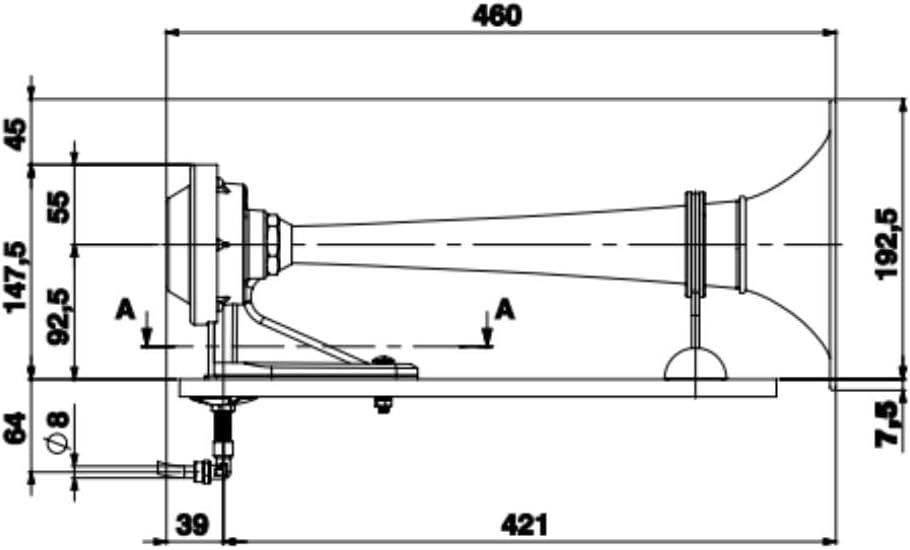 Marco PW2 Pneumatic Signal Horn, 24 V, Diameter 200 mm, >120 dB, IMO COLREG, 15000013