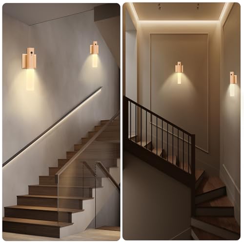 Image of Rechargeable Wall Sconce Magnetic, Torch Night Light Portable Wall Light Wireless Wall Sconces LED Wood Magnetic Wall Lamp Motion Sensor, Rechargeable Wall Sconces Set of 2 (Light-Colored)