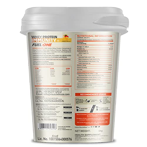 Image of MuscleBlaze Fuel One Whey Protein, 24 g Protein, 5.29 g BCAA & 4.2 g Glutamic Acid (Mango, 4 kg / 8.8 lb)