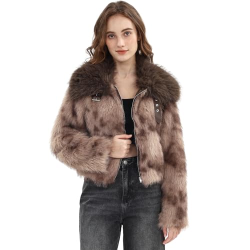 Image of Amazhiyu Womens Faux Fur Coat, Long Sleeve Lapels Neck Jacket with Pockets, Zipped Outwear Warm Plush Cardigan for Winter Brown S
