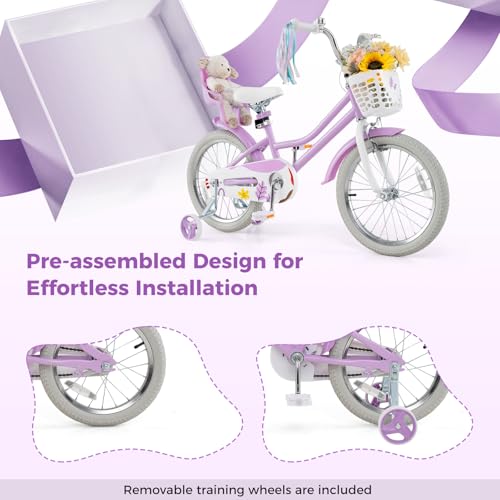 Image of BABY JOY Girls Bike with Streamers & Doll-Seat, Kids Bike for 3-8 Years Old | 12 14 16 18 20 Inch Children Bicycle w /Detachable Training Wheels or Kickstand, Storage Basket, Adjustable Seat and Handlebar