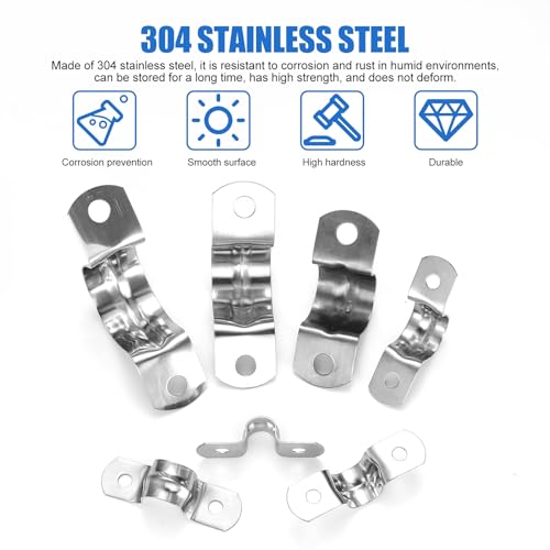 qxayxa 90 Pcs Two Hole Strap U Clamp,Pipe Strap U Bracket Clamp, Stainless Steel Rigid Pipe Strap U Bracket Tube Strap Clamp Kit for Pipe Tube Fixing Mounting - 5/16\" 3/8\" 9/16\" 1/2\" 5/8\" 3/4\" 1\"