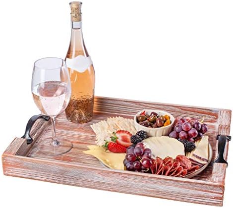 "Abigail" Ottoman Tray - Authentic Firwood - Rustic Wooden Serving Platter - Breakfast In Bed - Bathroom Vanity - Farmhouse Homegoods - Torched Smooth - Premium Quality - Coffee & Tea Bar - (White)