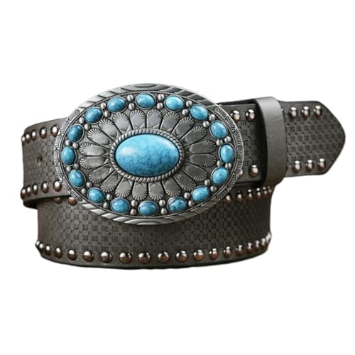 Ceinture western turquoise en cuir tressé et clous avec sa boucle ovale d'exception