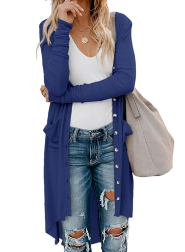 Fisoew Damen Langarm Strickjacke Lang Button Down Cardigan Knielang Open Front Strickpullover mit Taschen,Marineblau,S