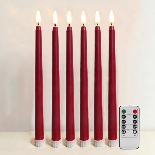 Ni-JASW Burgundy Flameless Taper Candles with Remote Flickering Battery LED Candlesticks Home Decor Set of 6