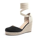 MUSSHOE Wedge Sandals for Women Closed Toe Lace Up Espadrille Wedges for Women Black 9