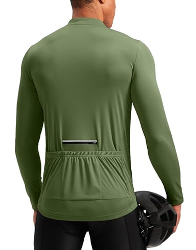 Men's Cycling Jersey Moisture Wicking Long Sleeve UPF Half Zip Riding Bike UPF SPF UV Biking Bicycle Mountain Road Biker Cycle Sun Protection Shirts for Men Zipper Pockets(Olive,L)