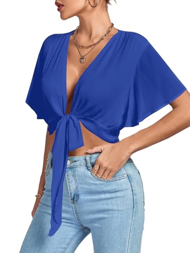 Image of LYANER Women's Sexy Deep V Neck Tie Front Wrap Cropped Blouse Bell Short Sleeve Ruffle Crop Tops